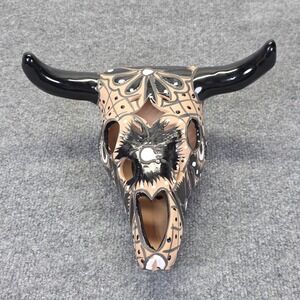Hand painted Talavera Cow Skull Mexican Pottery Folk Art Home Deco